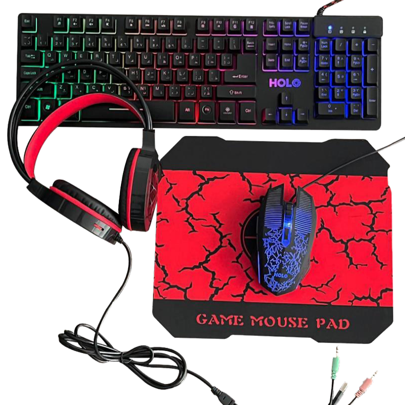 4 in 1 Gaming keyboard, headset with microphone, mouse, and mouse pad.